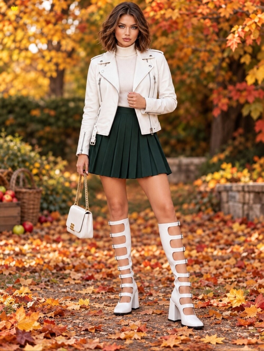 White Glossy Faux Leather Go-Go Style Boots | Silver-Tone Straps | Square Toe |